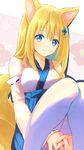  animal_ears blonde_hair blue_eyes borrowed_character detached_sleeves fox_ears fox_tail futaba_aoi japanese_clothes long_hair looking_at_viewer miko naomi_(sekai_no_hate_no_kissaten) original solo tail thighhighs 