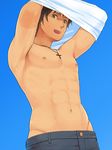  abs axis_powers_hetalia brown_hair cross cross_necklace denim from_below green_eyes jeans jewelry male_focus muscle navel necklace nipples open_mouth pants pochi_(popcooooorn) shirt_removed smile solo spain_(hetalia) sweat tan 