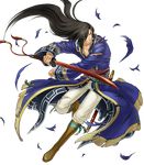  boots brown_hair coat fire_emblem fire_emblem:_rekka_no_ken fire_emblem_heroes full_body hair_over_one_eye highres karel kita_senri long_coat long_hair male_focus official_art solo sword teeth torn_clothes transparent_background very_long_hair weapon yellow_eyes 