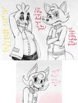  2015 animatronic anthro arms_behind-head avian bird blush canine chica_(fnaf) chicken clothing comic crossed_arms dialogue english_text female five_nights_at_freddy&#039;s five_nights_at_freddy&#039;s_2 fox foxy_(fnaf) group inkyfrog looking_at_viewer machine male mammal mangle_(fnaf) restricted_palette robot school_uniform simple_background talking_to_viewer text traditional_media_(artwork) uniform video_games white_background 
