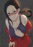  3: bad_hands black_hair blue_eyes blush breasts collarbone demi-chan_wa_kataritai glasses highres huihuimao jacket large_breasts leaning_forward long_hair looking_at_viewer pants ponytail pulled_by_self red-framed_eyewear red_pants satou_sakie solo tank_top track_jacket 