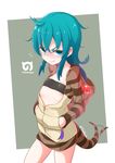  animal_hood aqua_eyes aqua_hair bandeau bangs blush breasts character_name commentary_request cowboy_shot flying_sweatdrops hands_in_pockets highres hood hoodie japari_symbol kemono_friends long_hair long_sleeves looking_at_viewer messy_hair signature small_breasts snake_tail solo strapless striped sweat tail tail_wagging tsuchinoko_(kemono_friends) twitter_username yaosera zipper 