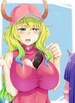  1girl :d bangs bare_shoulders baseball_cap between_breasts black_eyes blonde_hair blue_hair blunt_bangs blush breasts china_dress chinese_clothes cleavage cleavage_cutout collarbone commentary controller covered_navel dragon_girl dragon_horns dress embarrassed eyebrows_visible_through_hair gradient gradient_eyes gradient_hair green_eyes green_hair hair_between_eyes hands_up hat heart_cutout heterochromia horns huge_breasts index_finger_raised kobayashi-san_chi_no_maidragon long_hair looking_at_another magatsuchi_shouta multicolored multicolored_eyes multicolored_hair open_mouth pink_dress pink_hat pointing pointing_at_viewer purple_eyes purple_hair quetzalcoatl_(maidragon) remote_control ribbed_dress rixch round_teeth short_hair skin_tight slit_pupils smile surprised talking teeth turtleneck upper_body wavy_hair yellow_pupils 