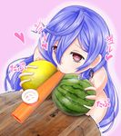  1girl blue_hair choujigen_game_neptune heart hechima-bushi iris_heart kami_jigen_game_neptune_v kazoo long_hair melon neptune_(series) pink_background power_symbol purple_hair pururut red_eyes shiny shiny_hair shiny_skin simple_background symbol-shaped_pupils text watermelon 