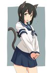  animal_ears arm_warmers black_hair blue_skirt brown_eyes cat_ears cat_tail cowboy_shot hair_between_eyes isonami_(kantai_collection) kantai_collection kemonomimi_mode kugui_kiyunemu long_hair looking_at_viewer open_mouth pleated_skirt school_uniform serafuku sidelocks skirt solo standing tail 