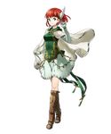  bangs boots breasts cape elbow_gloves feathers fire_emblem fire_emblem:_rekka_no_ken fire_emblem_heroes full_body gloves green_eyes hair_ornament highres kaya8 knee_boots looking_at_viewer medium_breasts official_art priscilla_(fire_emblem) red_hair see-through short_hair skirt sleeveless smile solo transparent_background white_gloves 