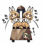  animal_ears black_hair blonde_hair brown_eyes chibi hair_between_eyes hands_on_hips hat helmet kaban_(kemono_friends) kanikama kemono_friends lowres metronome motion_lines multiple_girls open_mouth pith_helmet serval_(kemono_friends) serval_ears serval_tail short_hair simple_background smile solid_circle_eyes solid_oval_eyes tail v-shaped_eyebrows white_background 