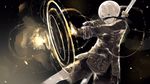  android bad_id bad_pixiv_id black_background blindfold blindfold_slip blue_eyes gloves highres jiko_(dqx-saria) male_focus nier_(series) nier_automata open_mouth pale_skin patterned_clothing shorts solo sword weapon white_hair yorha_no._9_type_s 