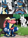  anthro bush colored comic edit english_text forest fur greninja hi_res kivwolf lucario nintendo outside pok&eacute;mon red_eyes redoxx teeth text tree video_games 