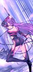  arm_behind_back arm_up bare_shoulders boots chain collar column commentary_request elbow_gloves fate/grand_order fate/stay_night fate_(series) floating_hair from_behind gloves high_heel_boots high_heels highres holding holding_weapon long_hair looking_back nail nameless_dagger no_mask pillar profile purple_eyes purple_hair rider rock solo standing standing_on_one_leg thigh_boots thighhighs very_long_hair watermark weapon yanami 