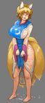 animal_ears barefoot blonde_hair breasts chanta_(ayatakaoisii) clothes_lift covered_nipples dress extra_ears eyebrows_visible_through_hair fox_ears fox_tail full_body grey_background highres huge_breasts long_sleeves looking_at_viewer md5_mismatch multiple_tails no_hat no_headwear open_mouth see-through simple_background solo standing tail tassel touhou wet wet_clothes wet_hair white_dress wide_sleeves yakumo_ran yellow_eyes 
