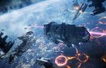  battle explosion firing halo halo_(game) highres laser no_humans planet scenery space_craft wreckage 