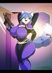  anthro big_breasts big_penis black_nose blaster blue_fur blue_hair bodysuit breasts bulge canine clothing dickgirl dracojeff fox fur green_eyes hair intersex krystal locker mammal multi_arm multi_limb nintendo pants_bulge penis skinsuit star_fox tight_clothing video_games 