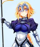  bangs blonde_hair blush braid breasts capelet chain closed_mouth commentary_request fate/apocrypha fate_(series) faulds flag gauntlets jeanne_d'arc_(fate) jeanne_d'arc_(fate)_(all) large_breasts long_hair purple_eyes single_braid smile solo tsukui_kachou upper_body very_long_hair 