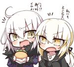  artoria_pendragon_(all) blonde_hair casual chibi contemporary cross cross_necklace dark_persona fate/grand_order fate/stay_night fate_(series) food fur_trim hamburger jako_(jakoo21) jeanne_d'arc_(alter)_(fate) jeanne_d'arc_(fate)_(all) jewelry multiple_girls necklace saber_alter wicked_dragon_witch_ver._shinjuku_1999 yellow_eyes 