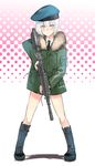  ar-15 assault_rifle beret black_footwear blue_eyes bob_cut boots coin_rand cross-laced_footwear gun hat heckler_&amp;_koch highres hk416 knee_boots lace-up_boots looking_at_viewer male_focus original otoko_no_ko rifle short_hair silver_hair weapon 