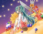  aqua_eyes aqua_hair biscuit bow bowtie cake cupcake dress eyebrows_visible_through_hair food fork frilled_hairband frills from_side fruit hair_ornament hairband hatsune_miku heart heart_pillow knife legs_together long_hair long_sleeves night night_sky open_mouth pillow pleated_skirt red_skirt ribbon shirt skirt sky solo star strawberry stuffed_animal stuffed_bunny stuffed_toy suzu_(alpha_diamant) twintails vocaloid waffle white_legwear white_shirt 
