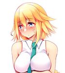  bangs between_breasts blonde_hair blue_eyes blush braid breast_hold breasts collared_shirt commentary_request embarrassed fate/apocrypha fate_(series) green_neckwear jeanne_d'arc_(fate) jeanne_d'arc_(fate)_(all) large_breasts long_hair looking_away necktie necktie_between_breasts nose_blush shirt single_braid sleeveless sleeveless_shirt solo sweat tsukui_kachou very_long_hair white_shirt 