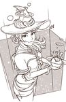  bracelet breasts cleavage detached_sleeves from_above greyscale hat highres ink_(medium) jewelry jonathan_hamilton medium_breasts midriff monochrome neck_ring original short_shorts shorts smile solo traditional_media witch_hat 