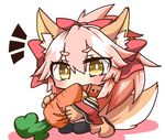  1girl animal_ears bell bell_collar black_legwear blush carrot chibi collar eating fate/grand_order fate_(series) food fox_ears fox_tail hair_ribbon jako_(jakoo21) long_hair looking_at_viewer open_mouth paws pink_hair ribbon solo tail tamamo_(fate)_(all) tamamo_cat_(fate) thighhighs vegetable yellow_eyes 