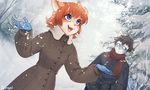 2016 anthro blue_eyes brown_hair cat clothed clothing cute_fangs duo edgar_(iskra) feline female freckles fur gloves grey_fur hair hands_in_pockets iskra jacket male mammal open_mouth open_smile orange_fur orange_hair outside pink_nose scarf smile snow snowing story story_in_description tabby_cat tree vera_(iskra) whiskers white_fur winter 