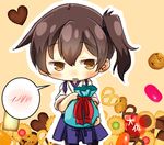  artist_name black_legwear blue_hakama brown_eyes brown_hair chibi commentary_request gift_bag hakama heart highres japanese_clothes kaga_(kantai_collection) kantai_collection open_mouth orange_background short_hair side_ponytail snack solo speech_bubble spoken_blush taisa_(kari) tasuki white_day 