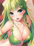  :d armlet armpits bangs bare_shoulders bikini bikini_top blue_eyes blunt_bangs blush bow breasts cleavage close-up collarbone eyebrows_visible_through_hair food_themed_hair_ornament green_bikini green_hair hair_bow hair_ornament head_tilt large_breasts leaf long_hair looking_at_viewer melon_hair_ornament melonbooks nironiro open_mouth round_teeth smile solo swimsuit teeth upper_body yellow_bow 