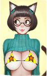  animal_ears bangs bikini_top black-framed_eyewear blunt_bangs bob_cut bow breasts brown_hair cat_ears cat_tail closed_mouth glasses green_bow green_eyes green_sweater hair_bow highres large_breasts looking_to_the_side meme_attire open-chest_sweater original pink_lips randy_(awesomevillage) red_pupils ribbed_sweater round_eyewear short_hair simple_background smile solo star star_print sweater tail turtleneck turtleneck_sweater upper_body veiny_breasts yellow_background yellow_bikini_top 