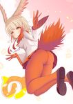  :o animal_ears ass bangs blunt_bangs brown_footwear eyebrows_visible_through_hair fur_collar gloves head_wings japanese_crested_ibis_(kemono_friends) japari_symbol kemono_friends long_hair long_sleeves looking_at_viewer pantyhose red_gloves red_hair red_legwear shirt shoes sidelocks solo tail white_hair white_shirt yoshiheihe 