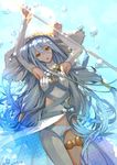  aqua_(fire_emblem_if) blue_hair breasts dress elbow_gloves fire_emblem fire_emblem_if gloves hair_ornament headdress holding kero_sweet long_hair looking_at_viewer open_mouth panties pantyshot small_breasts solo staff thighhighs underwear water yellow_eyes 
