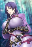  arm_guards black_gloves blurry bodysuit breasts covered_navel curvy deep_skin depth_of_field fate/grand_order fate_(series) finger_to_mouth fingerless_gloves gloves half-closed_eyes highres huge_breasts japanese_clothes long_hair minamoto_no_raikou_(fate/grand_order) naughty_face outdoors parted_lips purple_eyes purple_hair rope shiny shiny_clothes smile solo suzuki_nene twitter_username very_long_hair 