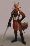  2017 5_fingers abs anthro armor armpits belt biceps black_fur black_markings boots bulge canine chunie claws clothed clothing digital_media_(artwork) eye_scar facial_markings fluffy fluffy_tail footwear fox fur gloves_(marking) hi_res knife loincloth looking_at_viewer male mammal markings melee_weapon multicolored_fur navel neckerchief orange_fur pecs red_eyes red_fox scabbard scar simple_background smile solo standing sword teeth unconvincing_armor weapon whiskers white_fur 