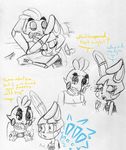  ! 2015 animatronic anthro avian bird blush buckteeth chica_(fnaf) chicken clothing cuddling dialogue duo english_text female five_nights_at_freddy&#039;s five_nights_at_freddy&#039;s_2 inkyfrog lagomorph lying machine male mammal morning_after on_back on_side panties rabbit restricted_palette robot simple_background sleeping teeth text toy_bonnie_(fnaf) traditional_media_(artwork) underwear video_games white_background 