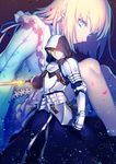  1girl armor arthur_pendragon_(fate) blonde_hair blue_dress blue_eyes breastplate closed_mouth dress excalibur_(fate/prototype) fate/prototype fate/prototype:_fragments_of_blue_and_silver fate_(series) gauntlets glowing glowing_sword glowing_weapon highres hood looking_at_viewer nakahara_(mu_tation) sajou_manaka short_hair weapon 
