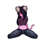  alpha_channel black_hair blush clothed clothing demon female hair hair_over_eye horn long_hair midriff navel not_furry pants pink_skin plebbles red_eyes shirt simple_background sitting solo tight_clothing transparent_background young 