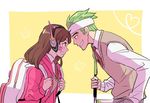  1girl :d backpack bag bangs brown_eyes brown_hair brown_pants collared_shirt d.va_(overwatch) dress_shirt eyebrows_visible_through_hair facepaint forehead-to-forehead from_side genji_(overwatch) green_hair grin hand_in_pocket headband hood hood_down hooded_jacket jacket jocheong long_hair long_sleeves looking_at_another necktie open_mouth overwatch pants profile school_uniform shirt short_hair shoulder_bag smile sweater_vest teeth time_paradox whisker_markings white_shirt wing_collar young_genji younger 