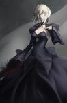  absurdres artoria_pendragon_(all) black_ribbon blonde_hair breasts cleavage collar dark_excalibur excalibur fate/stay_night fate_(series) gothic_lolita hair_between_eyes hair_ribbon hand_on_own_chest highres juliet_sleeves lolita_fashion long_sleeves looking_at_viewer medium_breasts na_(oagenosuke) parted_lips puffy_sleeves ribbon saber_alter slit_pupils solo wide_sleeves yellow_eyes 