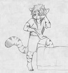  anthro blush clothed clothing feline higgyy horn male mammal monochrome open_mouth sketch solo 