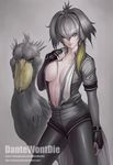  animal arm_at_side artist_name banned_artist beak bird black_gloves breast_pocket breasts breasts_apart closed_mouth collarbone cowboy_shot elbow_gloves fingerless_gloves gloves grey grey_background grey_hair grey_legwear grey_shirt hair_between_eyes hair_intakes head_wings kemono_friends large_breasts legs_apart long_hair looking_at_viewer navel necktie no_bra open_clothes open_shirt pantyhose pocket shirt shoebill shoebill_(kemono_friends) short_sleeves simple_background smile solo standing stomach undone_necktie watermark web_address white_neckwear yellow_eyes yinan_cui 