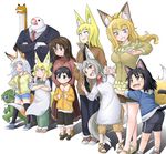  6+girls animal_ears bike_shorts black_hair blonde_hair brown_hair cat_ears cat_tail character_request doitsuken fox_ears fox_tail kappa multiple_girls necktie open_mouth simple_background smile tail v white_background white_hair 