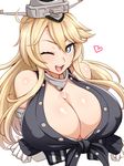  ;d bare_shoulders blonde_hair blue_eyes blush breast_hold breasts bust_cup cleavage crossed_arms elbow_gloves front-tie_top gloves hair_between_eyes headgear heart highres huge_breasts iowa_(kantai_collection) kantai_collection long_hair one_eye_closed open_mouth r44 sidelocks smile solo star star-shaped_pupils symbol-shaped_pupils upper_body v-shaped_eyebrows 