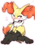  2017 3_toes ambiguous_gender anthro black_fur blush braixen butt canine feet fluffy fluffy_tail fox fur inner_ear_fluff kiriya looking_back mammal multicolored_fur nintendo open_mouth pok&eacute;mon red_eyes red_fur red_nose simple_background stick sweat tail_grab teeth toes video_games white_background white_fur yellow_fur 