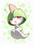  blush green_hair hands_together heart looking_at_viewer no_humans open_mouth pokemon pokemon_(creature) ralts red_eyes simple_background smile solo 