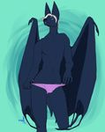  2015 bat bulge claws clothed clothing looking_at_viewer male mammal morenor muscular nightswing panties simple_background smile teasing topless underwear undressing wings 