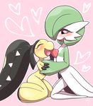  blush gardevoir green_hair hand_holding heart mawile no_humans pokemon pokemon_(creature) red_eyes simple_background 