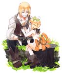  1girl black_choker black_gloves blonde_hair blue_eyes boots brother_and_sister brown_footwear child choker closed_eyes collarbone dress edna_(tales) eizen_(tales) flying_sweatdrops gloves gotou_(pixiv37128) grass hairband holding jewelry necklace ribbon short_hair siblings side_ponytail sitting smile tales_of_(series) tales_of_berseria tales_of_zestiria white_background younger 