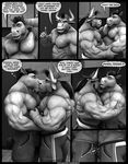  2017 abs beard biceps big_muscles bovine braford bulge cattle clothing comic duo equine facial_hair hat horn horse kissing male male/male mammal musclegut muscular muscular_male pecs romantic_couple shorts speech_bubble 