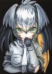  2017 artist_name black_background black_gloves close-up collared_shirt dated eyebrows_visible_through_hair fingerless_gloves fingernails gloves glowing glowing_eyes green_eyes green_hair grey_shirt hair_between_eyes hand_on_own_chin head_wings holding_arm kemono_friends long_hair long_sleeves looking_at_viewer mosho multicolored_hair necktie ringed_eyes shirt shoebill_(kemono_friends) short_over_long_sleeves short_sleeves silver_hair simple_background solo streaked_hair thick_eyebrows traditional_media upper_body watercolor_(medium) white_neckwear wing_collar 