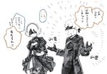  1girl blindfold boots breasts choker cleavage commentary dress gloves greyscale highres jacket medium_breasts monochrome nier_(series) nier_automata reiga_(act000) sketch sweatdrop translated yorha_no._2_type_b yorha_no._9_type_s 