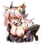  animal_ears bell bell_collar blood bow breasts cleavage collar commentary_request detached_sleeves fate/extra fate_(series) fox_ears hair_bow hair_ribbon injury japanese_clothes large_breasts one_eye_closed open_mouth pink_hair ribbon simple_background solo suga_leon tamamo_(fate)_(all) tamamo_no_mae_(fate) type-moon white_background yellow_eyes 
